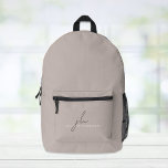 Elegant Taupe Personalised Printed Backpack<br><div class="desc">Minimal and elegant taupe backpack. Personalise with your monogram initials and name in a mix of a chic dark brown script and simple modern white typography.</div>