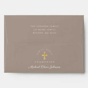 Elegant Taupe Religious Cross Boy First Communion Envelope