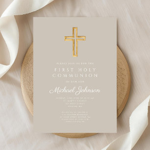Elegant Taupe Religious Cross Boy First Communion Invitation