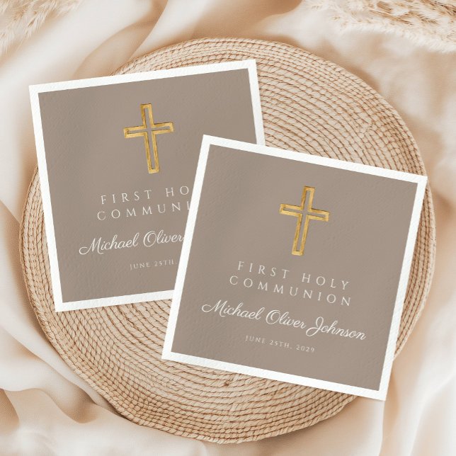 Elegant Taupe Religious Cross First Communion Napkin (Elegant Taupe Religious Cross First Communion Napkins)