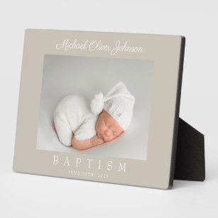 Elegant Taupe Script Baptism Photo Plaque