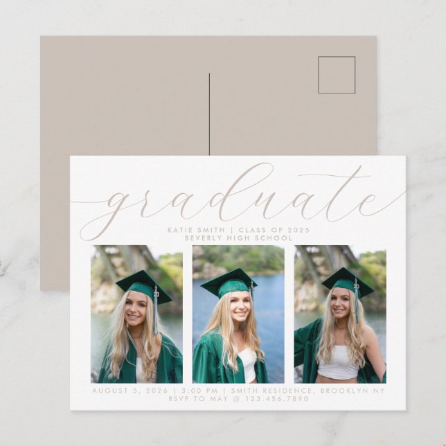 Elegant Taupe Script Minimalist Graduation 3 Photo Invitation Postcard (Front/Back)