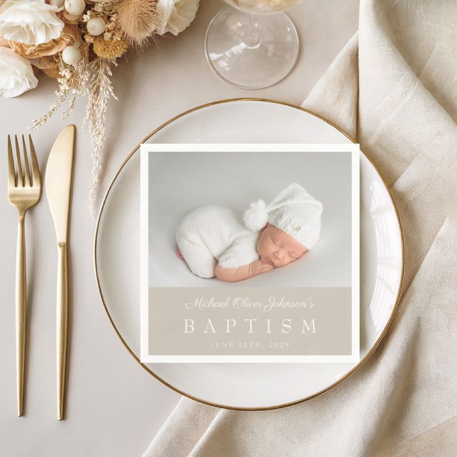 Elegant Taupe Script Photo Baptism Napkin (Elegant Taupe Script Photo Baptism Napkins)