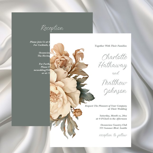 Elegant Taupe With Green Floral Wedding  Invitation (Elegant Taupe With Green Floral Wedding Invitation)