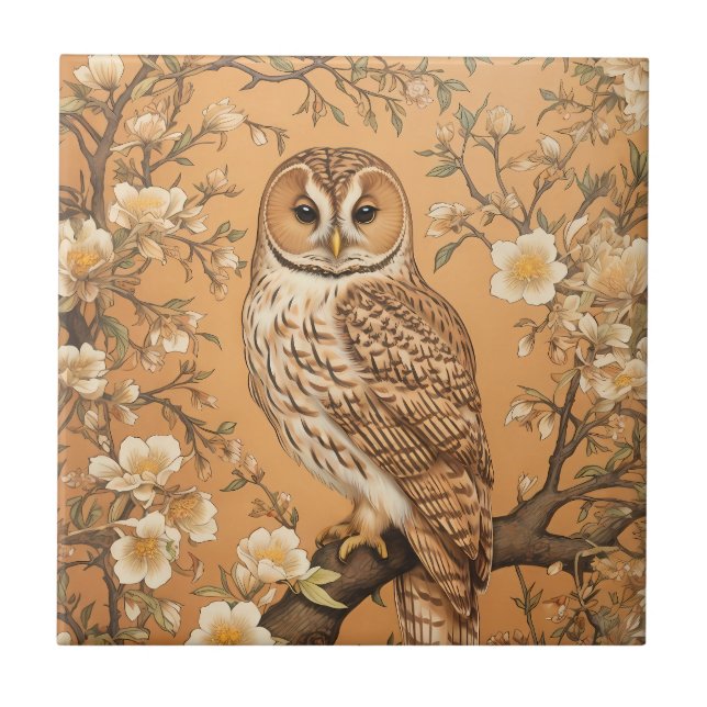 Elegant Tawny Owl William Morris Inspired Ceramic Tile (Front)