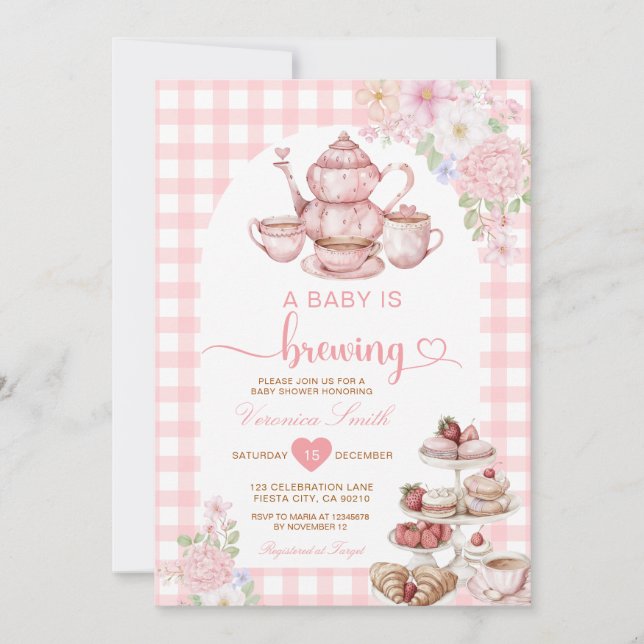 Elegant Tea A Baby is Brewing Baby Shower Flowers Invitation (Front)