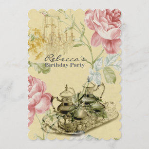 elegant  tea cup vintage floral birthday party invitation