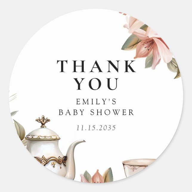 Elegant Tea Party Baby Shower Classic Round Sticker (Front)