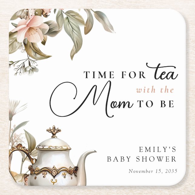 Elegant Tea Party Baby Shower Square Paper Coaster (Front)