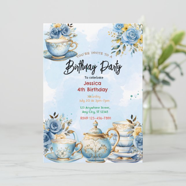 Elegant Tea Party Birthday Invitation  (Standing Front)