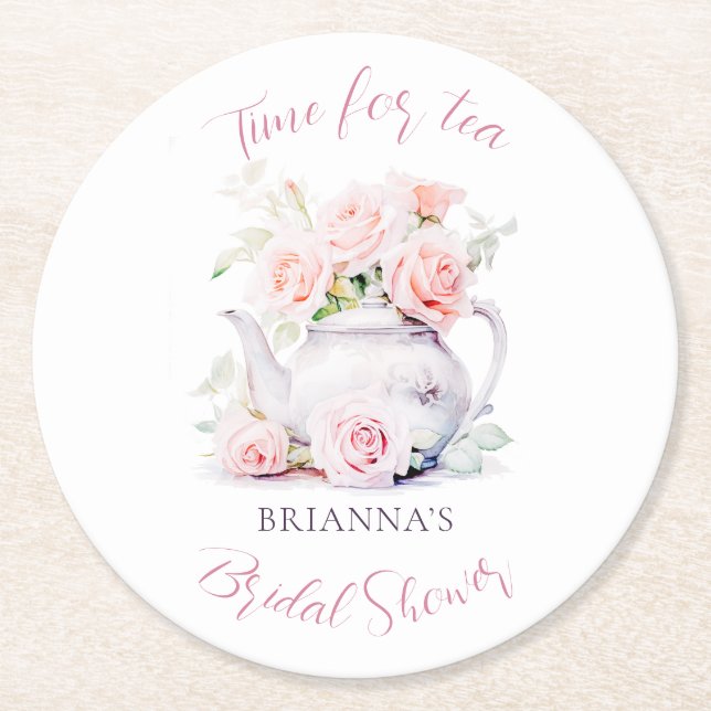 Elegant Tea Party Bridal Shower Round Paper Coaster (Front)