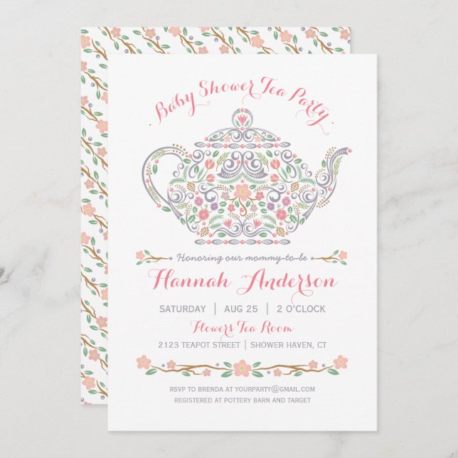Elegant Tea Party Girl Baby Shower • Teapot Invitation (Front/Back)