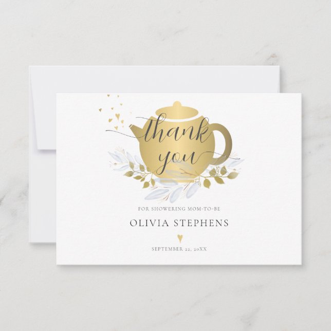 Elegant Tea Party Gold Blue Floral Baby Boy Shower Thank You Card (Front)