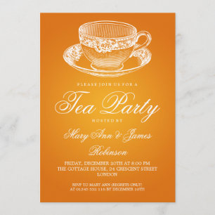 Elegant Tea Party Vintage Tea Cup Orange Invitation