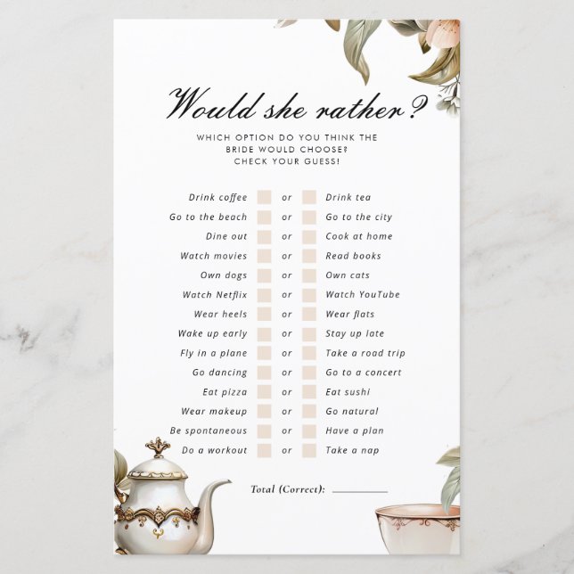 Elegant Tea Party Would She Rather Bridal Game (Front)
