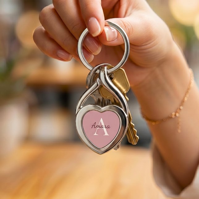 Elegant Tea Rose Pink Monogram Name Heart  Key Ring (Creator Uploaded)