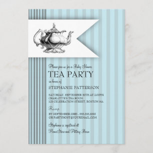 Elegant Tea Ticking Stripe Baby Shower Tea Party Invitation