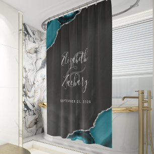 Elegant Teal Agate Silver Dark Newlywed Wedding Shower Curtain