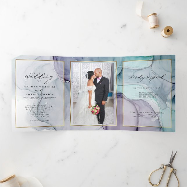 Elegant Teal Amethyst Alcohol Ink Tri-Fold Invitat Invitation (Inside)