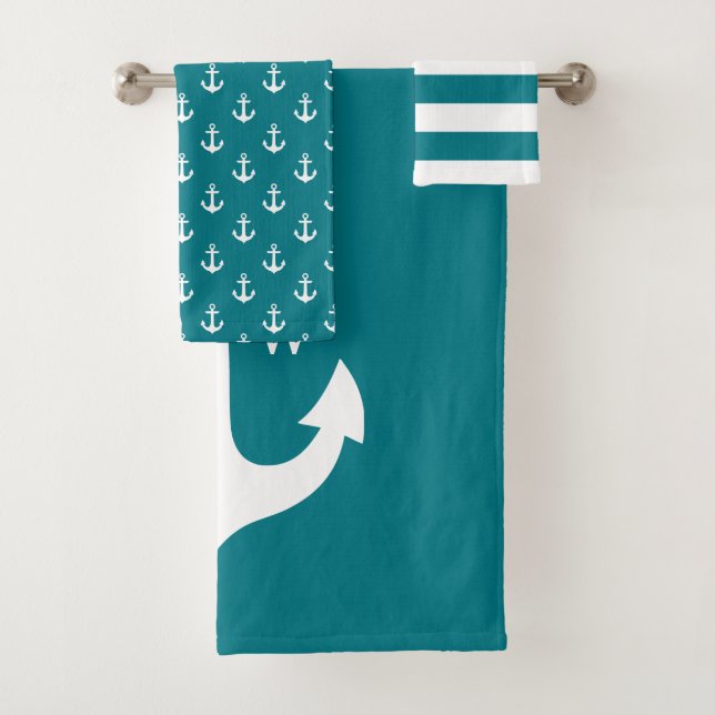 Elegant Teal Anchor Monogram Bath Towel Set (Insitu)