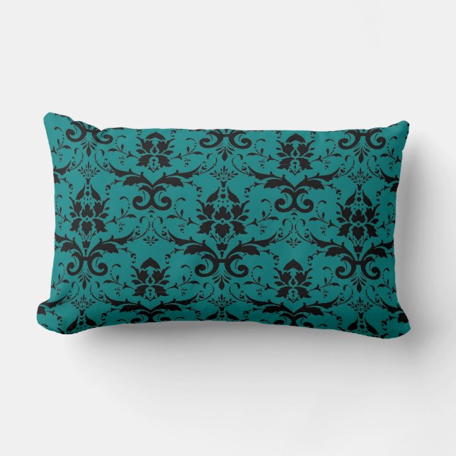 Elegant Teal and Black Damask Pattern Lumbar Cushion (Front)