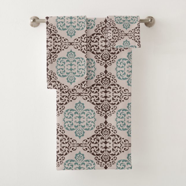 Elegant Teal and Brown Damask Pattern on Beige Bath Towel Set (Insitu)