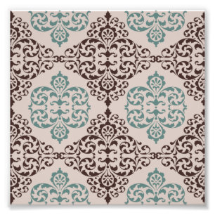 Elegant Teal and Brown Damask Pattern on Beige Photo Print