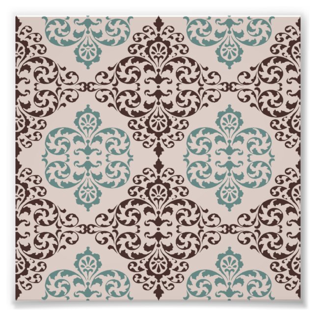 Elegant Teal and Brown Damask Pattern on Beige Photo Print (Front)