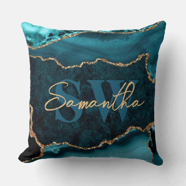 Elegant Teal and Faux Gold Glitter Marble Agate Cushion (Front)