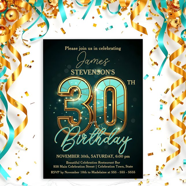 Elegant Teal and Gold 30th Birthday Celebration Invitation (Creator Uploaded)