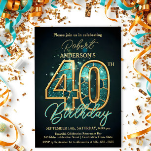 Elegant Teal and Gold 40th Birthday Celebration Invitation