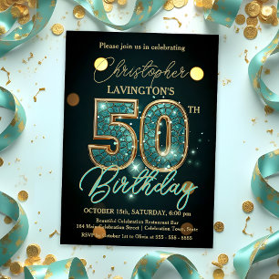 Elegant Teal and Gold 50th Birthday Celebration Invitation