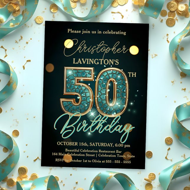 Elegant Teal and Gold 50th Birthday Celebration Invitation (Creator Uploaded)