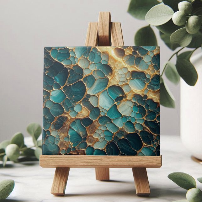 Elegant Teal and Gold Abstract Organic Ceramic Tile (Creator Uploaded)