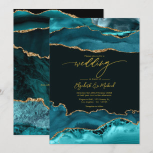 Elegant Teal and Gold Agate Wedding QR Code Invitation
