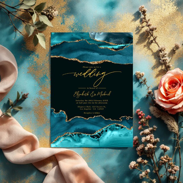 Elegant Teal and Gold Agate Wedding QR Code Invitation (Elegant Teal and Gold Agate Wedding QR Code Invitation)