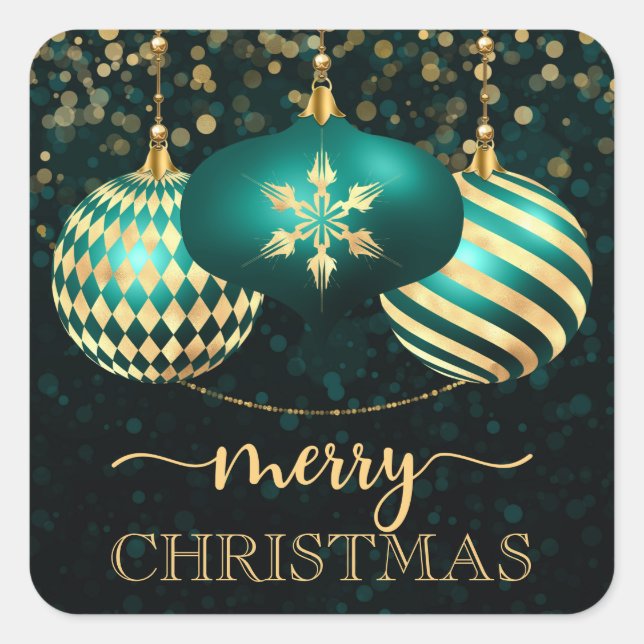 Elegant Teal and Gold Baubles Merry Christmas Square Sticker (Front)