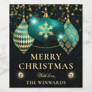 Elegant Teal and Gold Baubles Merry Christmas Wine Label