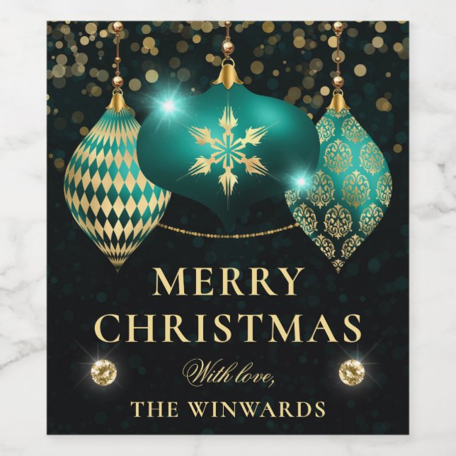 Elegant Teal and Gold Baubles Merry Christmas Wine Label (Single Label)