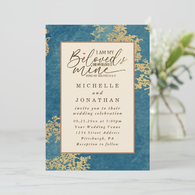 Elegant Teal and Gold Bible Christian Wedding Invitation (Standing Front)