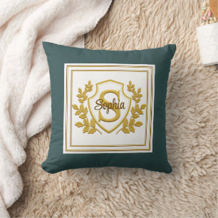 Elegant Teal and Gold Custom Crest Monogram Cushion