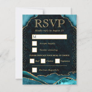 Elegant Teal and Gold Faux Glitter Agate Wedding RSVP Card