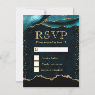 Elegant Teal and Gold Faux Glitter Marble Agate RSVP Card