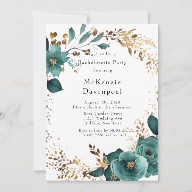 Elegant Teal and Gold Floral Bachelorette Party Invitation (Front)