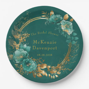 Elegant Teal and Gold Floral Bridal Shower Paper Plate