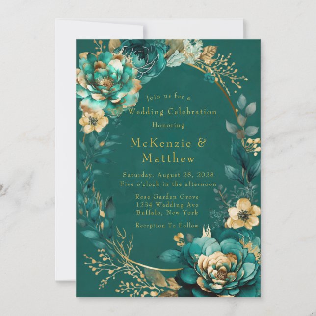 Elegant Teal and Gold Floral Wedding Celebration I Invitation (Front)