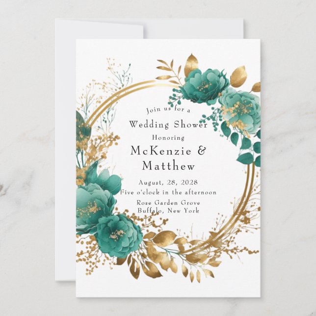 Elegant Teal and Gold Floral Wedding Shower Invita Invitation (Front)