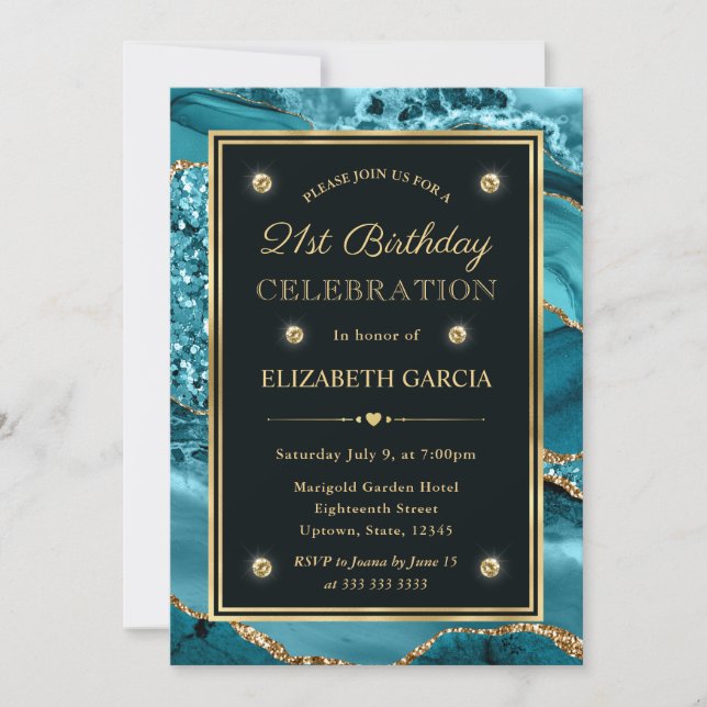 Elegant Teal and Gold Glitter Agate 21st Birthday Invitation (Front)