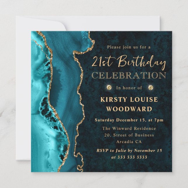 Elegant Teal and Gold Glitter Agate 21st Birthday Invitation (Front)