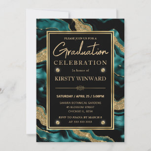 Elegant Teal and Gold Glitter Agate Graduation Invitation